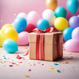 A heartwarming image of a wrapped gift box with a beautiful ribbon, sitting on a table surrounded by confetti and balloons