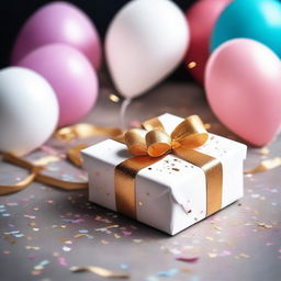 A heartwarming image of a wrapped gift box with a beautiful ribbon, sitting on a table surrounded by confetti and balloons