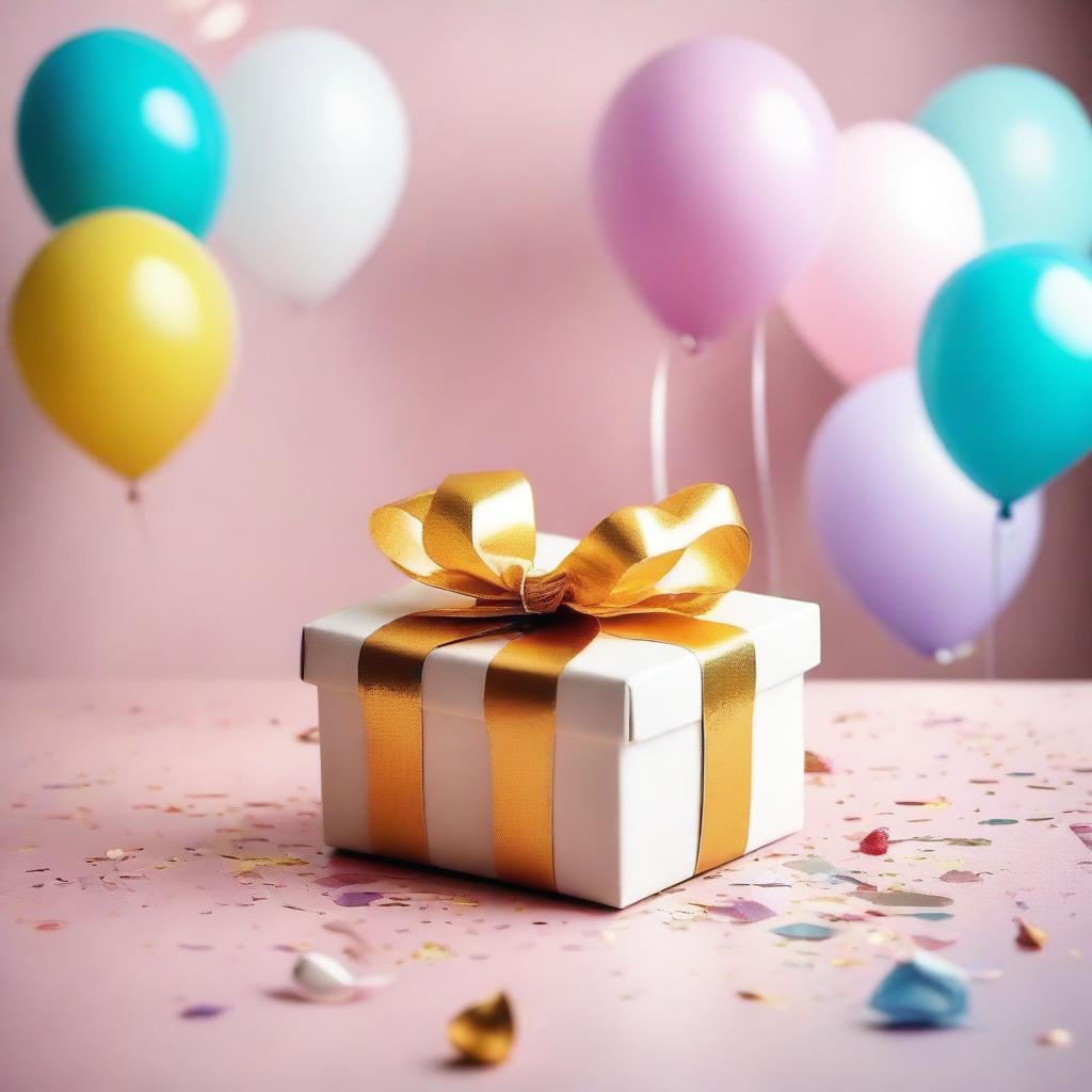 A heartwarming image of a wrapped gift box with a beautiful ribbon, sitting on a table surrounded by confetti and balloons