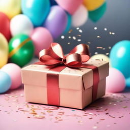 A heartwarming image of a wrapped gift box with a beautiful ribbon, sitting on a table surrounded by confetti and balloons