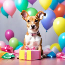 A cute dog with big, expressive eyes eagerly waiting for a birthday gift