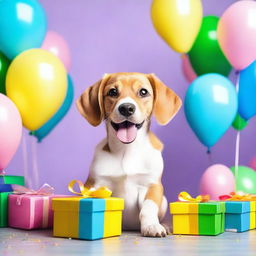 A cute dog with big, expressive eyes eagerly waiting for a birthday gift