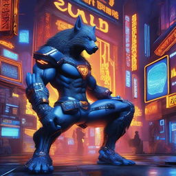 The name 'STORMBIZ' is boldly written in 3D bold blue-orange 3D neon gothic letters at the image center, correctly spelled, of an ultra-detailed hyper-realistic photograph of a futuristic, cyberpunk muscular werewolf superhero, exuding the essence of dark fantasy and ukiyo-e art