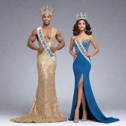 A 3D image showcasing a confident male and female, styled as the victorious Mr. and Ms. Pageant winners, standing back-to-back. Their figures are loomed in victorious stances, facing away from each other demonstrating their individual triumph.