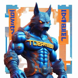 The name 'STORMBIZ' is boldly written in 3D bold blue-orange 3D neon gothic letters at the image center, correctly spelled, of an ultra-detailed hyper-realistic photograph of a futuristic, cyberpunk muscular werewolf superhero, exuding the essence of dark fantasy and ukiyo-e art