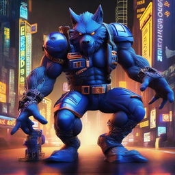 The name 'STORMBIZ' is boldly written in 3D bold blue-orange 3D neon gothic letters at the image center, correctly spelled, of an ultra-detailed hyper-realistic photograph of a futuristic, cyberpunk muscular werewolf superhero, exuding the essence of dark fantasy and ukiyo-e art