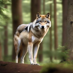 A raw photograph of a majestic wolf standing in a natural forest setting