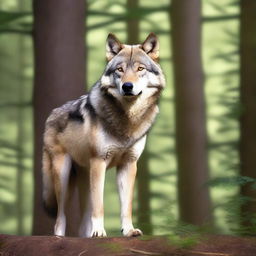 A raw photograph of a majestic wolf standing in a natural forest setting