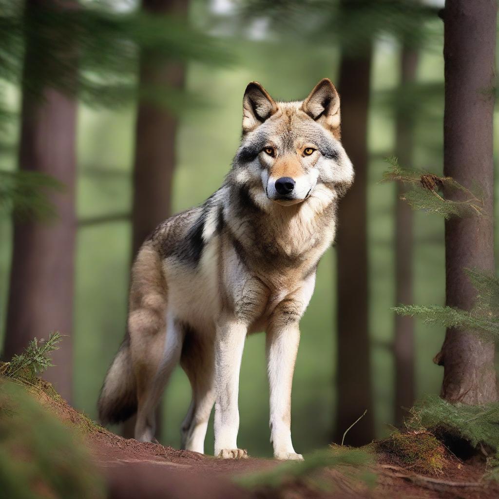 A raw photograph of a majestic wolf standing in a natural forest setting