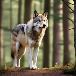 A raw photograph of a majestic wolf standing in a natural forest setting