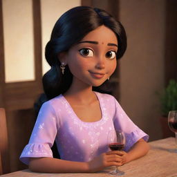 Animated characterization of an Indian girl sitting at a table with a glass of wine, dressed in a nighty.