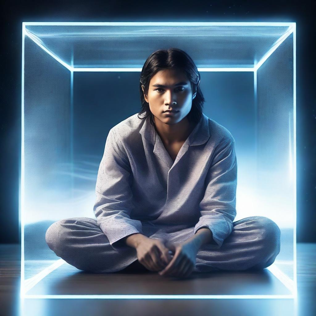 A young man of mixed white-American Indian race, wearing pajamas, crouching inside a transparent floating cube