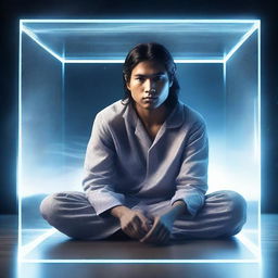 A young man of mixed white-American Indian race, wearing pajamas, crouching inside a transparent floating cube