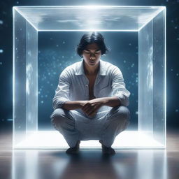 A young man of mixed white-American Indian race, wearing pajamas, crouching inside a transparent floating cube