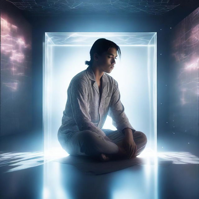 A young man of mixed white-American Indian race, wearing pajamas, crouching inside a transparent floating cube