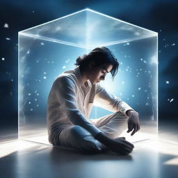 A young man of mixed white-American Indian race, wearing pajamas, crouching inside a transparent floating cube