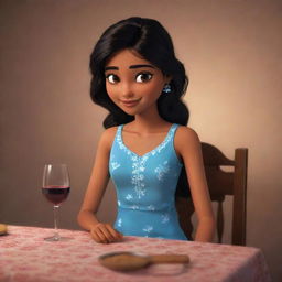 Animated characterization of an Indian girl sitting at a table with a glass of wine, dressed in a nighty.