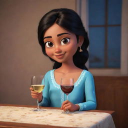 Animated characterization of an Indian girl sitting at a table with a glass of wine, dressed in a nighty.