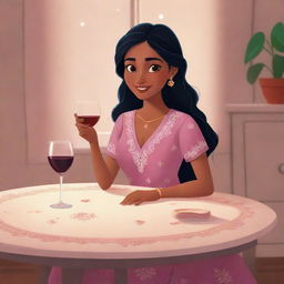 Disney-style animated illustration of an Indian girl sitting at a table with a glass of wine, dressed in a cozy nighty.