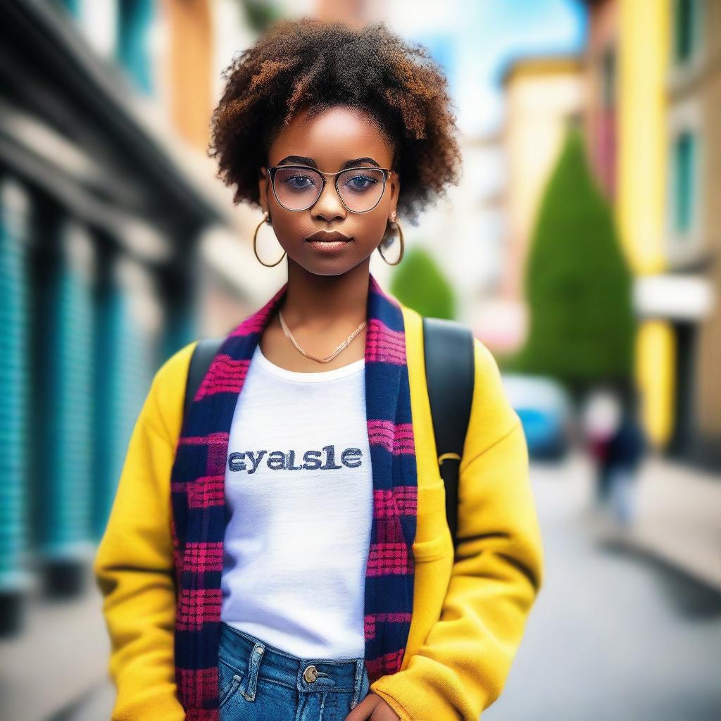 A stylish black teenage girl wearing glasses, looking confident and trendy