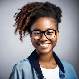 A stylish black female teenager with glasses, wearing trendy clothes and exuding confidence