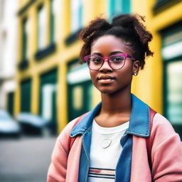 A stylish black teenage girl wearing glasses, looking confident and trendy