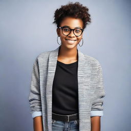 A stylish black female teenager with glasses, wearing trendy clothes and exuding confidence