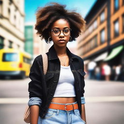 A stylish black teenage girl wearing glasses, looking confident and trendy