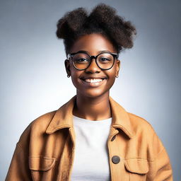 A stylish black female teenager with glasses, wearing trendy clothes and exuding confidence