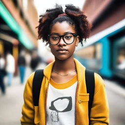 A stylish black teenage girl wearing glasses, looking confident and trendy