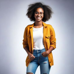 A stylish black female teenager with glasses, wearing trendy clothes and exuding confidence