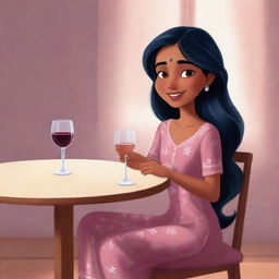 Disney-style animated illustration of an Indian girl sitting at a table with a glass of wine, dressed in a cozy nighty.