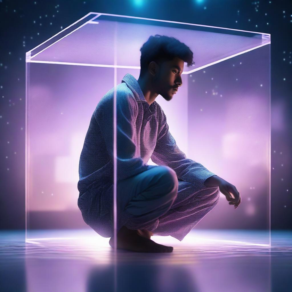 A young man of mixed races wearing pajamas is crouching inside a transparent floating cube