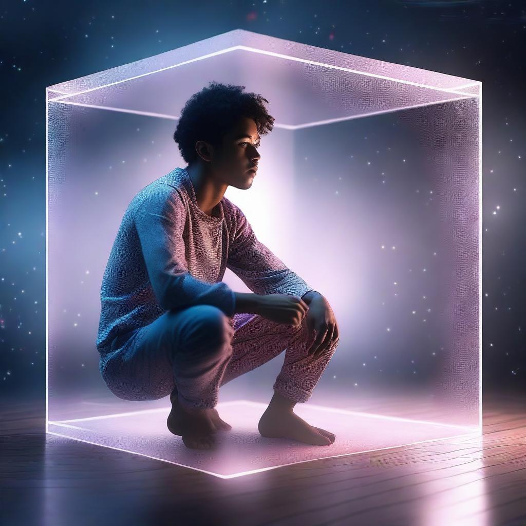 A young man of mixed races wearing pajamas is crouching inside a transparent floating cube