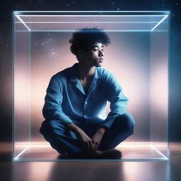 A young man of mixed races wearing pajamas is crouching inside a transparent floating cube