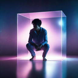 A young man of mixed races wearing pajamas is crouching inside a transparent floating cube