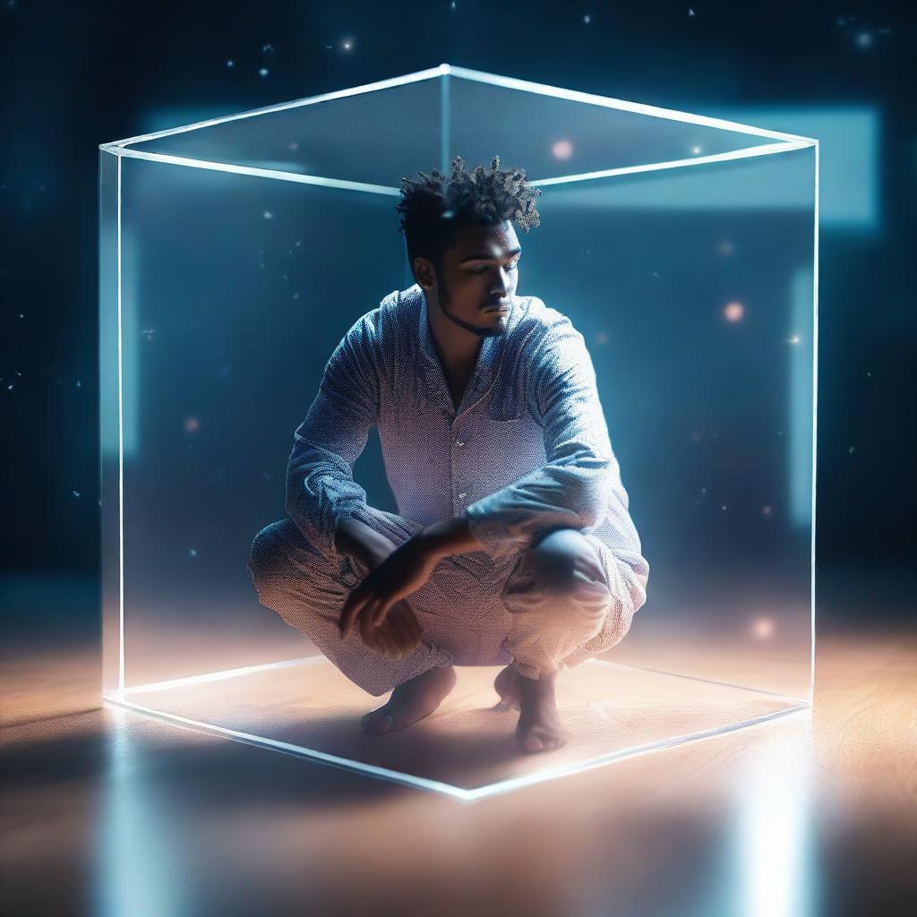 An attractive young man of mixed races wearing pajamas is crouching inside a transparent floating cube