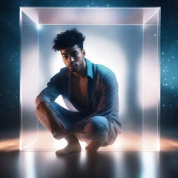 An attractive young man of mixed races wearing pajamas is crouching inside a transparent floating cube