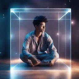 An attractive young man of mixed races wearing pajamas is crouching inside a transparent floating cube