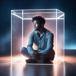 An attractive young man of mixed races wearing pajamas is crouching inside a transparent floating cube