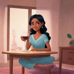 Disney-style animated illustration of an Indian girl sitting at a table with a glass of wine, dressed in a cozy nighty.