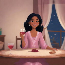 Disney-style animated illustration of an Indian girl sitting at a table with a glass of wine, dressed in a cozy nighty.