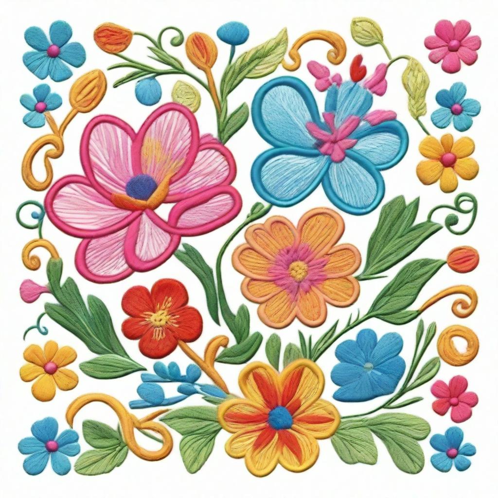 A detailed and colorful embroidery design featuring floral patterns and intricate stitching