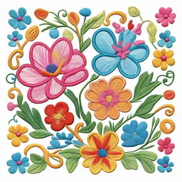 A detailed and colorful embroidery design featuring floral patterns and intricate stitching