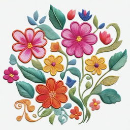 A detailed and colorful embroidery design featuring floral patterns and intricate stitching