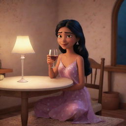 Disney-styled animation of an Indian girl sitting comfortably at a table in a nighty, enjoying a glass of wine.