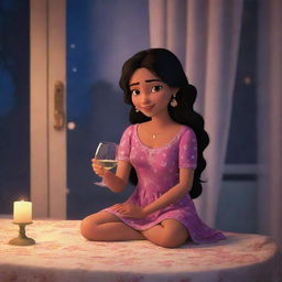 Disney-styled animation of an Indian girl sitting comfortably at a table in a nighty, enjoying a glass of wine.