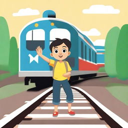 A young boy standing confidently on a railway track, holding his hand up to signal an oncoming train to stop