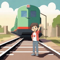 A young boy standing confidently on a railway track, holding his hand up to signal an oncoming train to stop