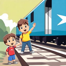 A young boy standing confidently on a railway track, holding his hand up to signal an oncoming train to stop